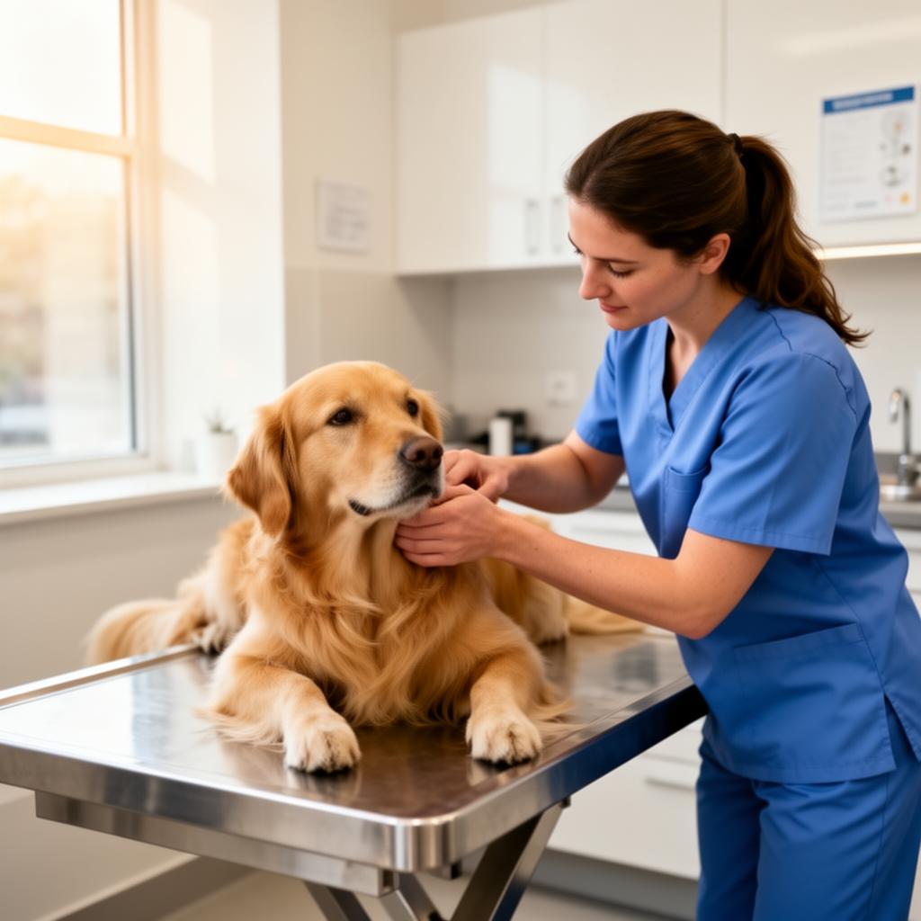 Veterinario examinando un perro golden retriever con estetoscopio